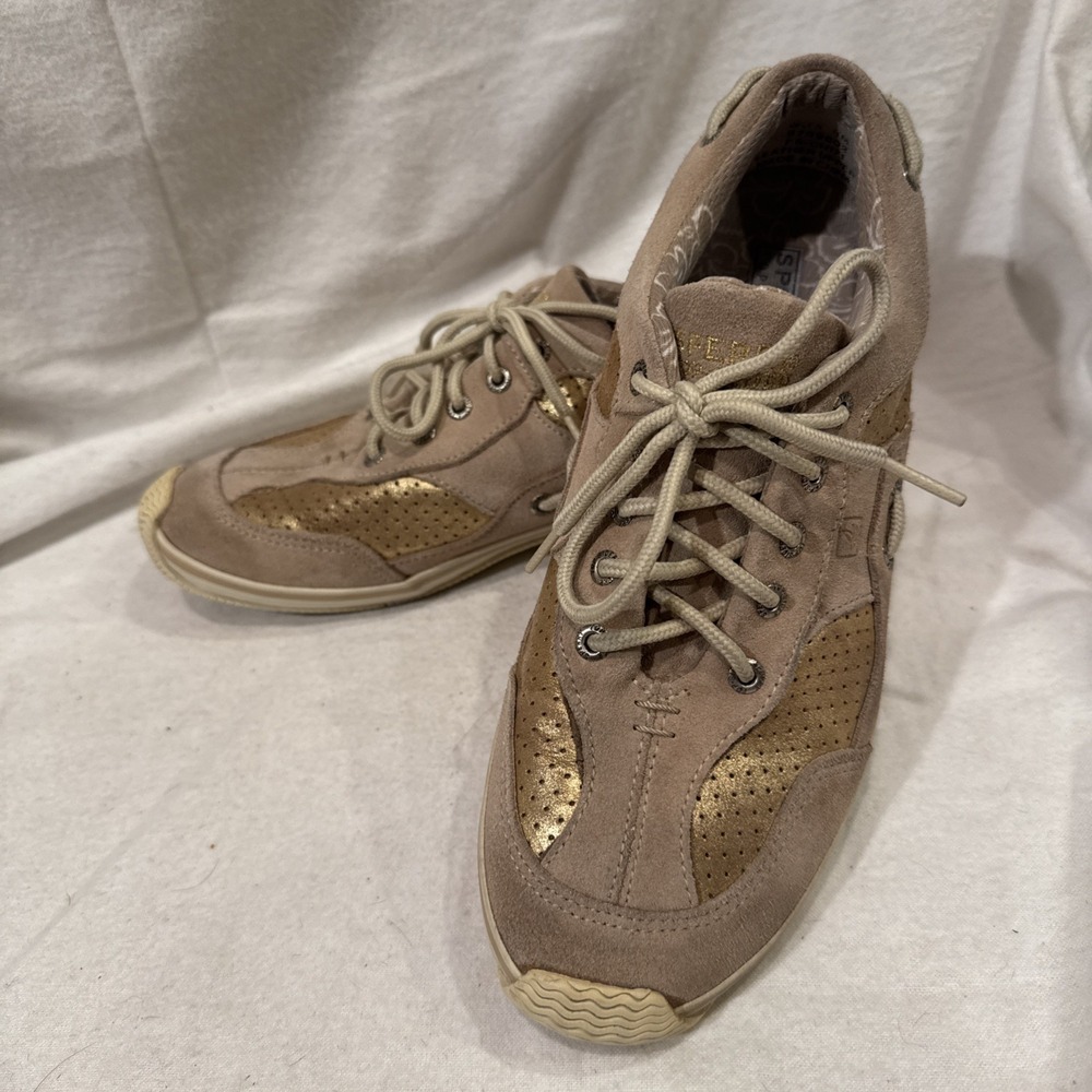 Womens Sperry top sider gold beige suede boat shoes laced sneakers Size 8 M
